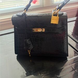 Black Croc-Embossed Top Handle Satchel with Gold Hardware